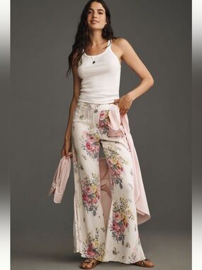 Anthropologie Cream Wide-Leg Pants with Pink & Yellow Floral Print